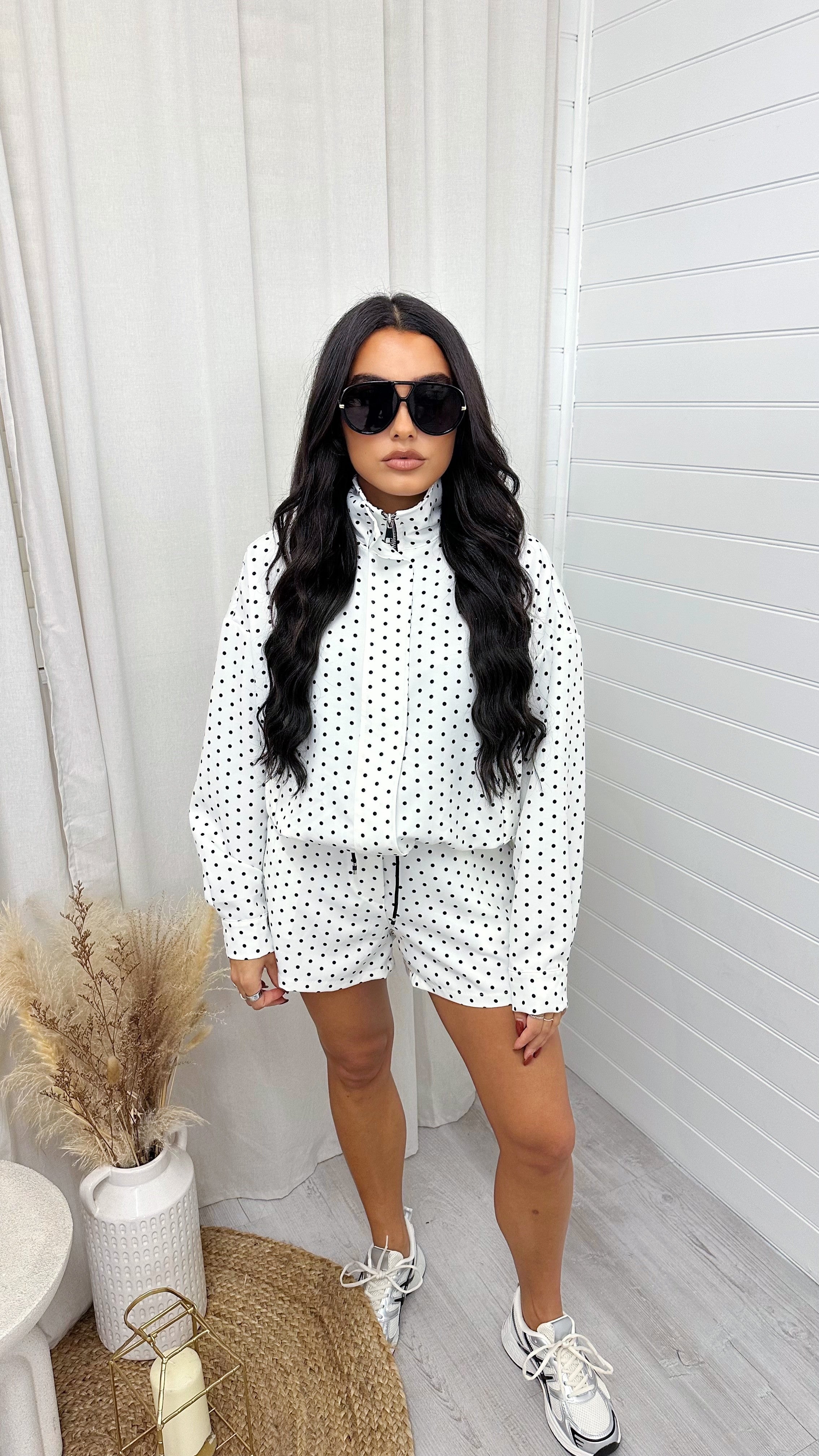 Polka Dot Bomber Jacket and Shorts Co-Ord - WHITE
