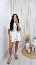 Cinched Gold Button Top and Shorts Co-Ord - WHITE