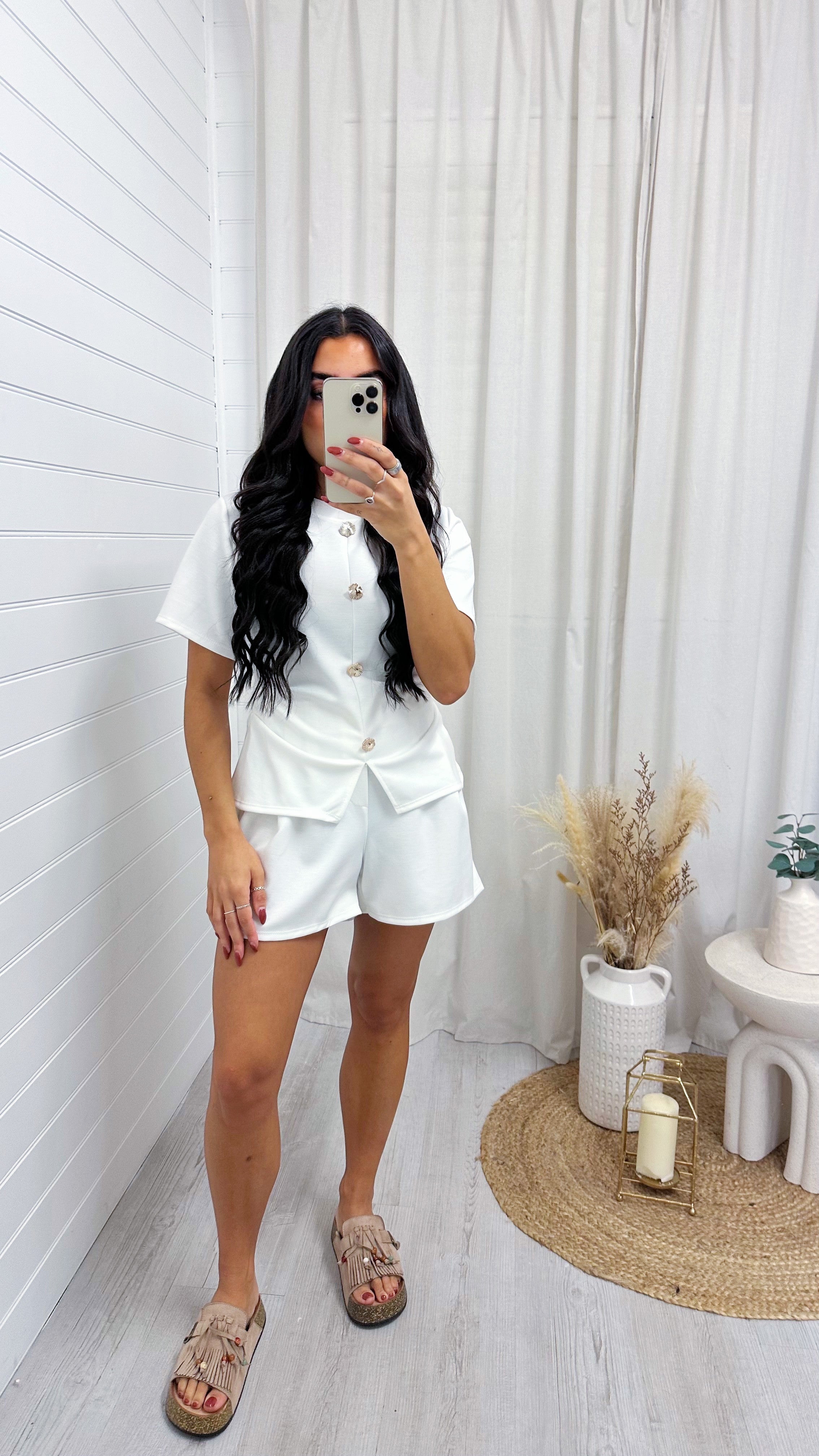 Cinched Gold Button Top and Shorts Co-Ord - WHITE
