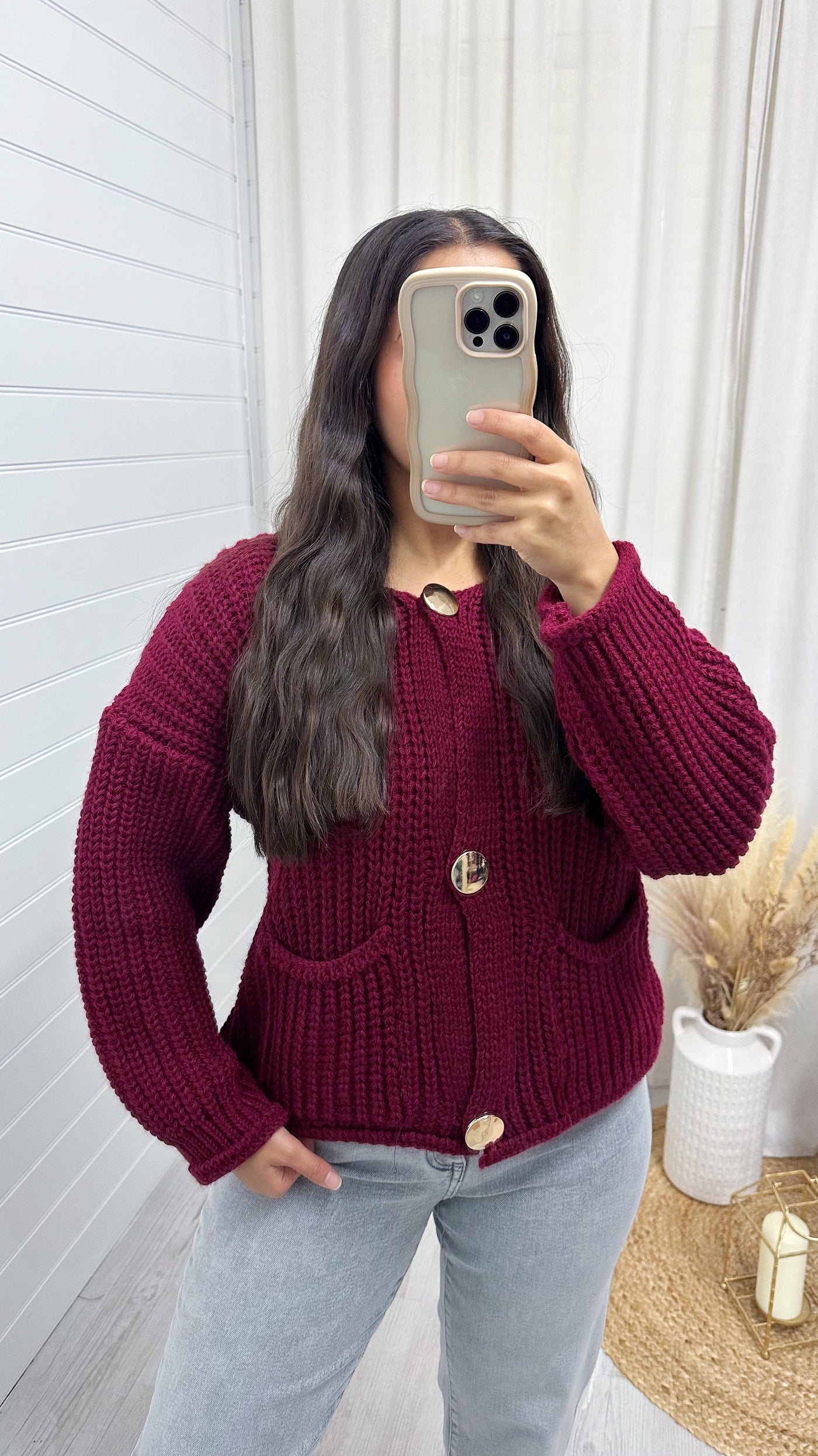 Chunky Knit Gold Button Cardigan - WINE