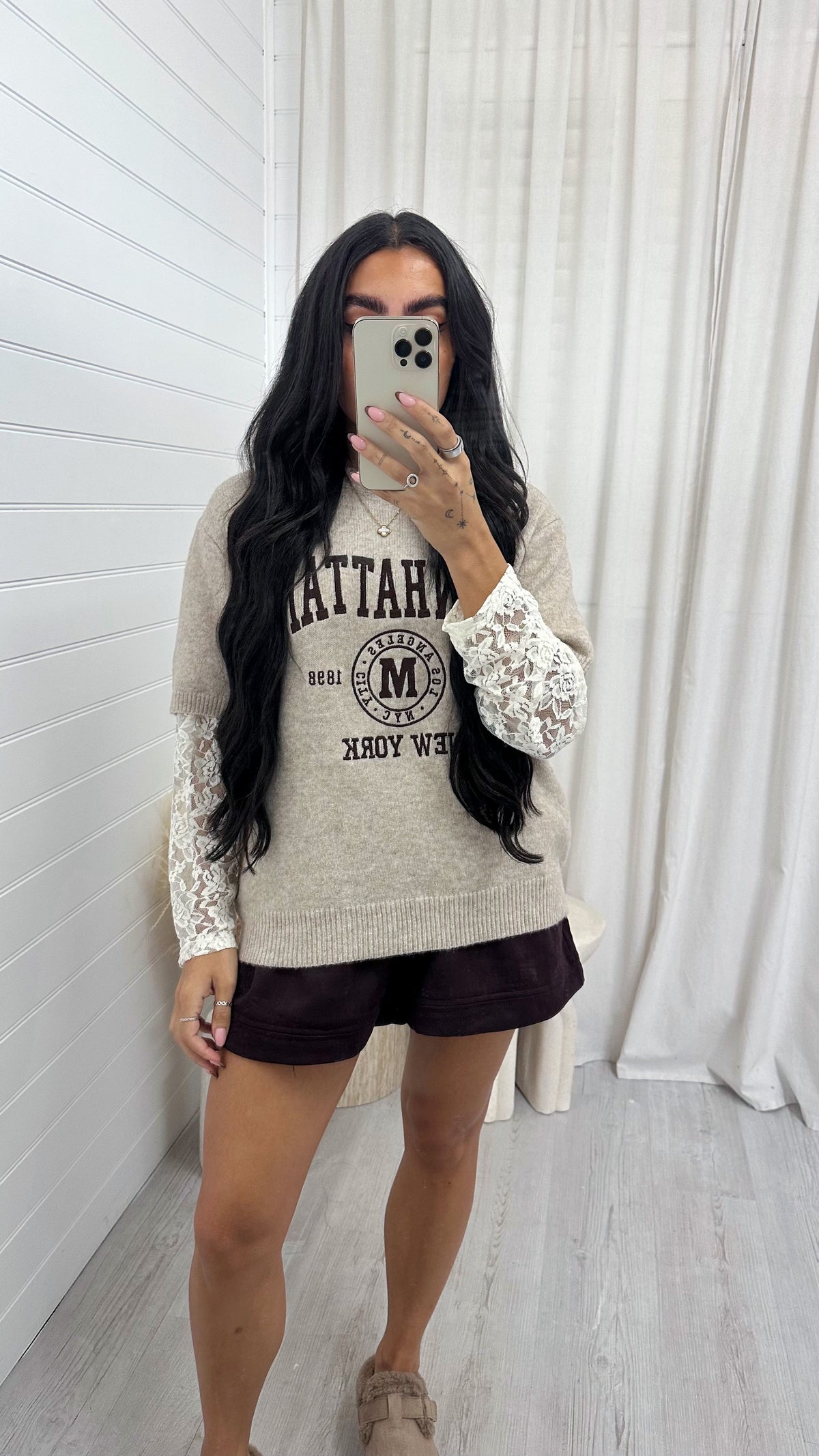 Lace Sleeve Manhattan Woollen Jumper - BEIGE