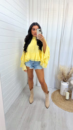 Sheer Bell Sleeve Frill Hem Blouse - LEMON