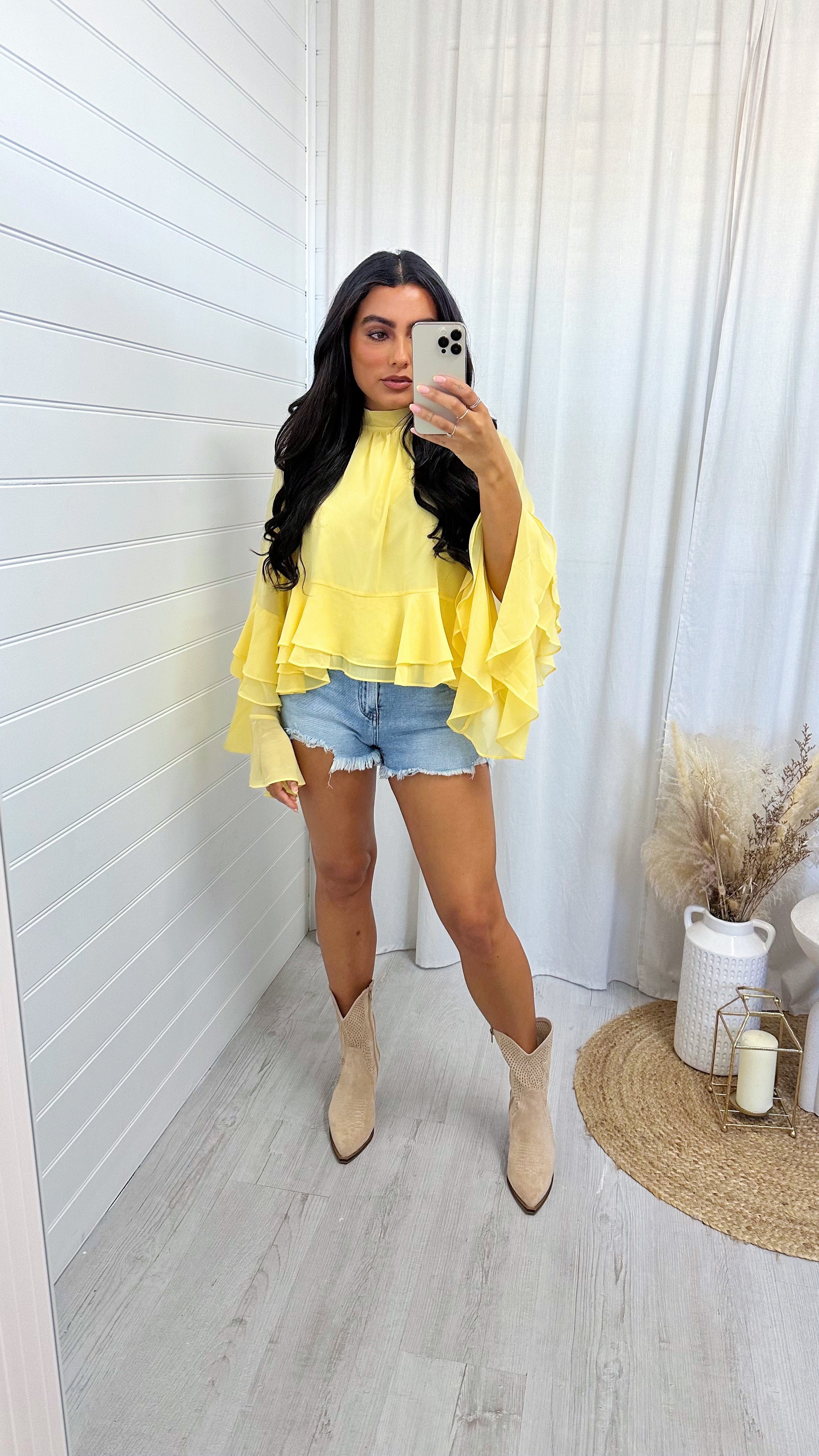 Sheer Bell Sleeve Frill Hem Blouse - LEMON