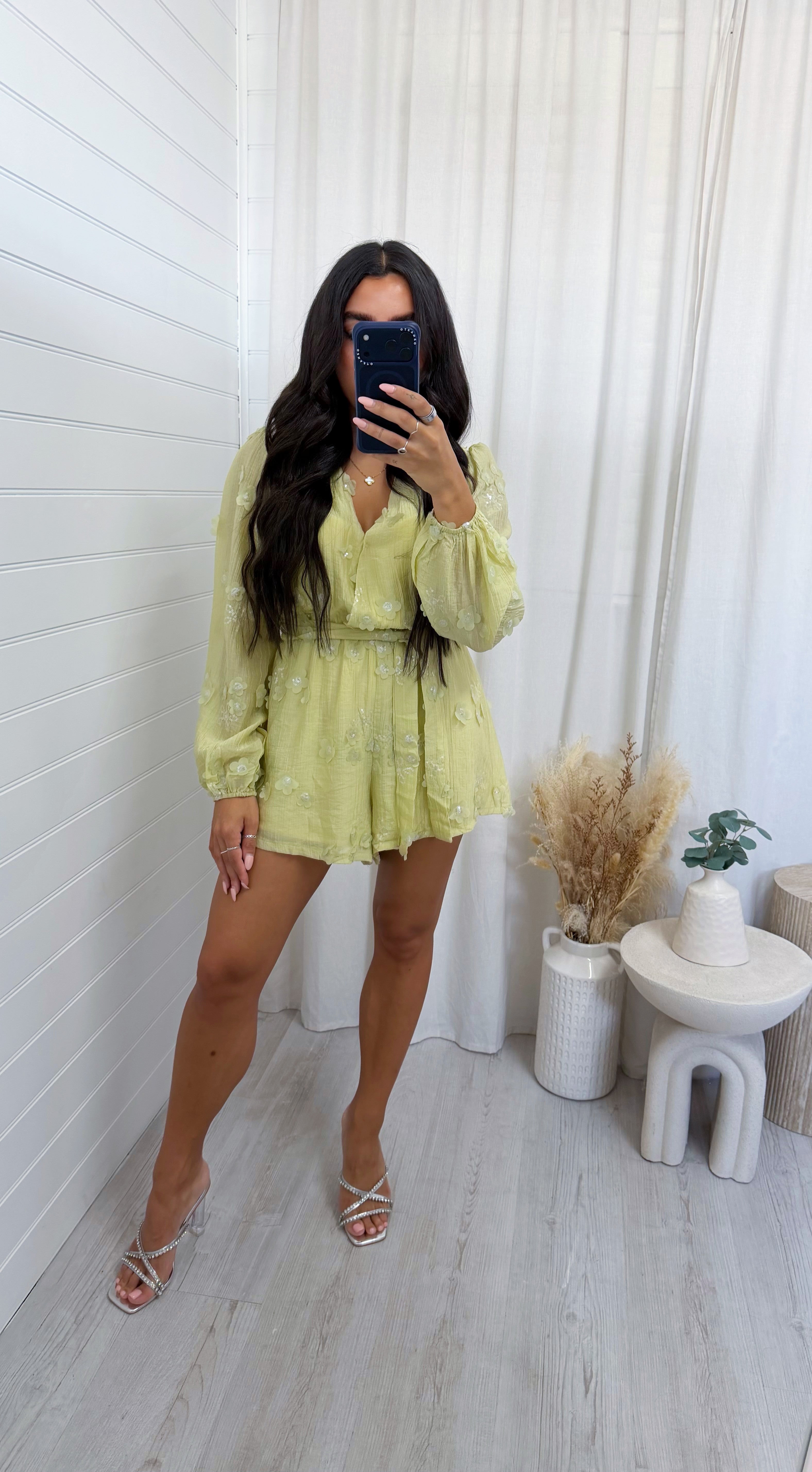 Sequin Flower Wrap Over Playsuit - SAGE