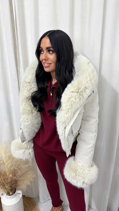 Faux Fur Hooded Coat - BEIGE