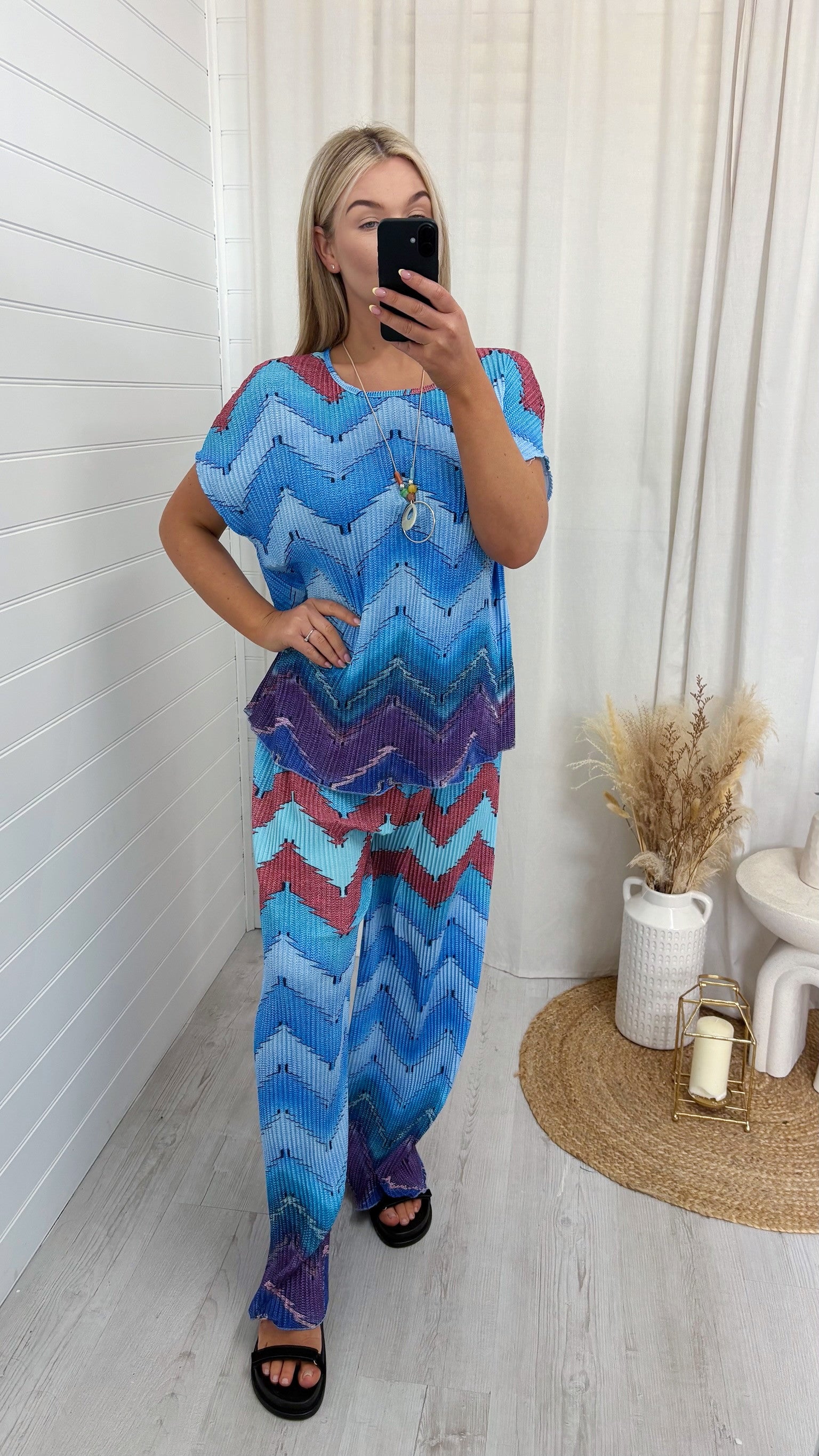 Zig Zag Pleated Top and Trousers Co-Ord - BLUE