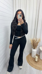 Long Sleeve Top and Wrap Over Flares Gym Set - BLACK