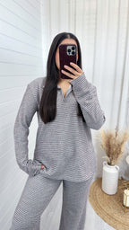 Textured Pinstripe Rugby Sweatshirt and Trousers Co-Ord - PINK