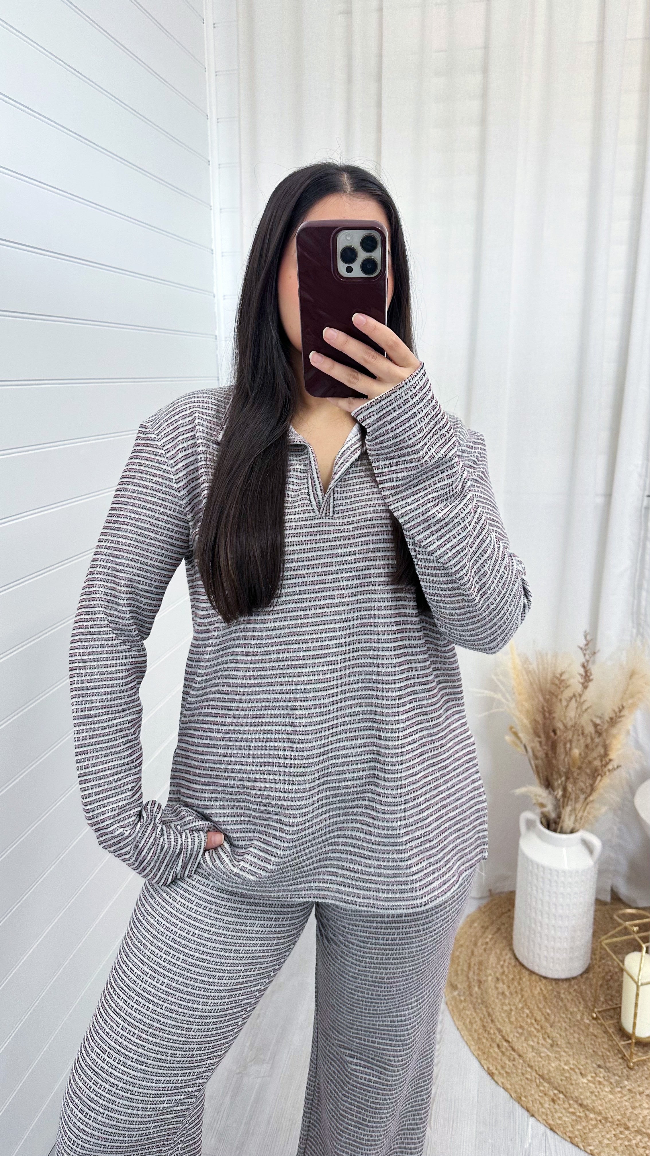 Textured Pinstripe Rugby Sweatshirt and Trousers Co-Ord - PINK