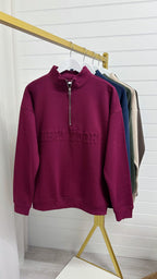New York Embossed Half Zip Sweatshirt - BURGUNDY