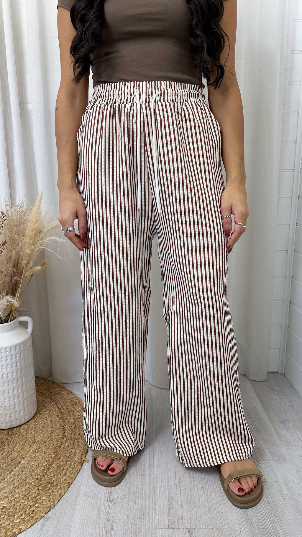 Relaxed Pinstripe Trousers - BROWN