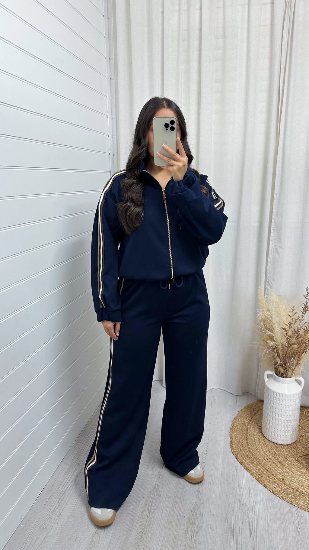 Side Stripe Bomber Jacket and Wide Leg Joggers Co-Ord - NAVY