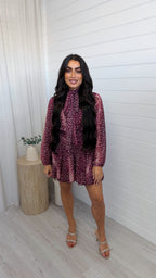 Deer Print Tie Neck Dress - BURGUNDY