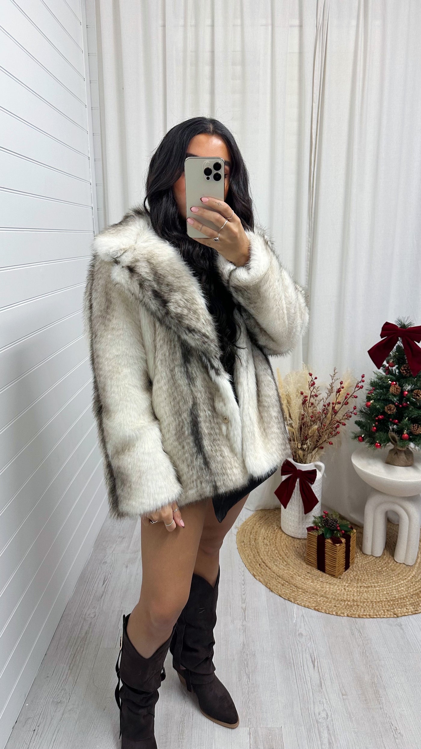 Chunky Two Tone Faux Fur Coat - CREAM/BROWN