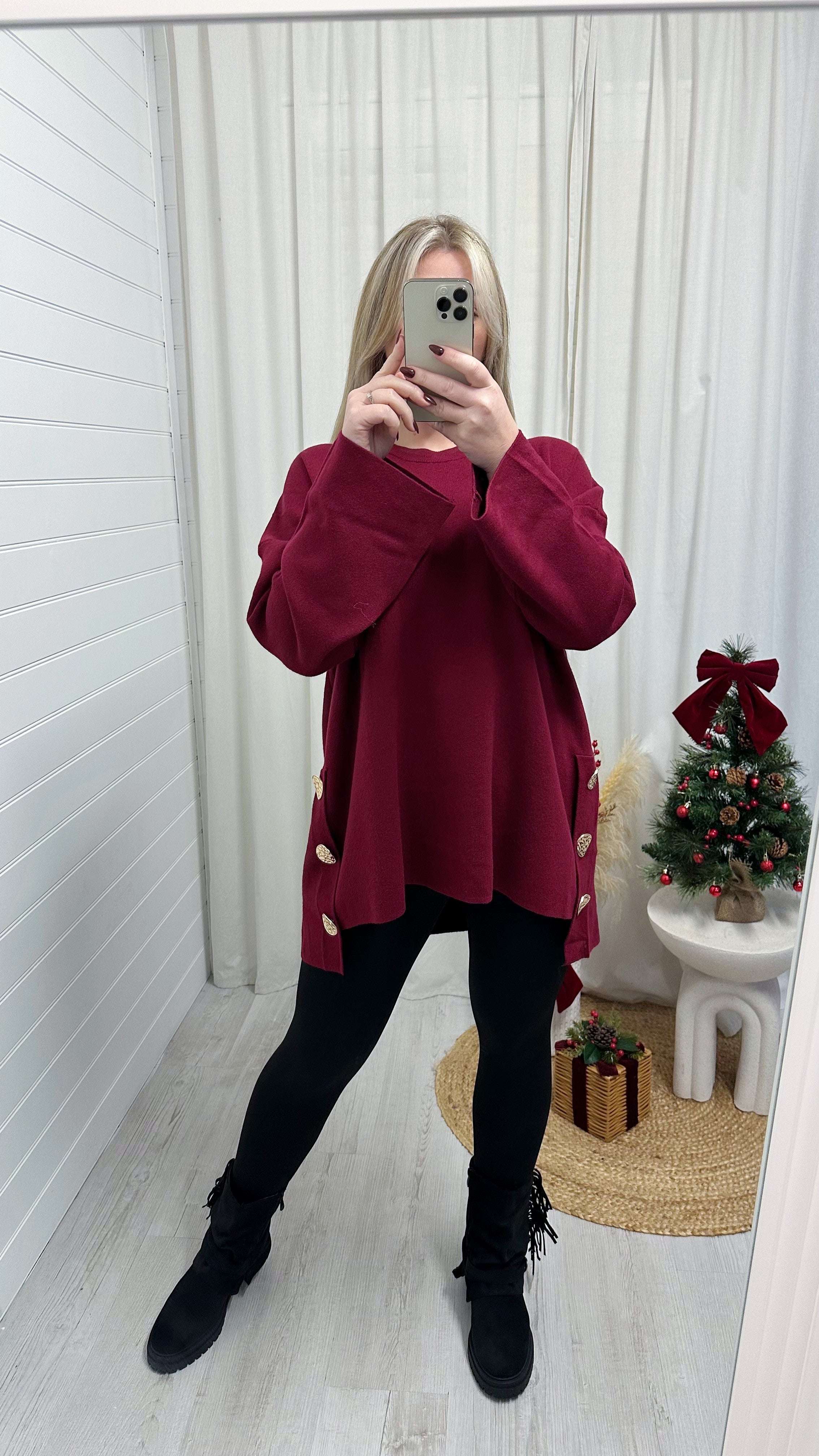 Fine Knitted Gold Button Oversized Jumper - WINE