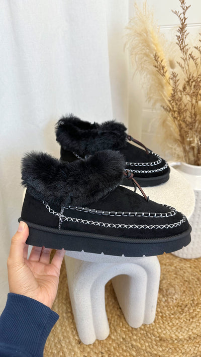 Embroidered Faux Fur Boots - BLACK