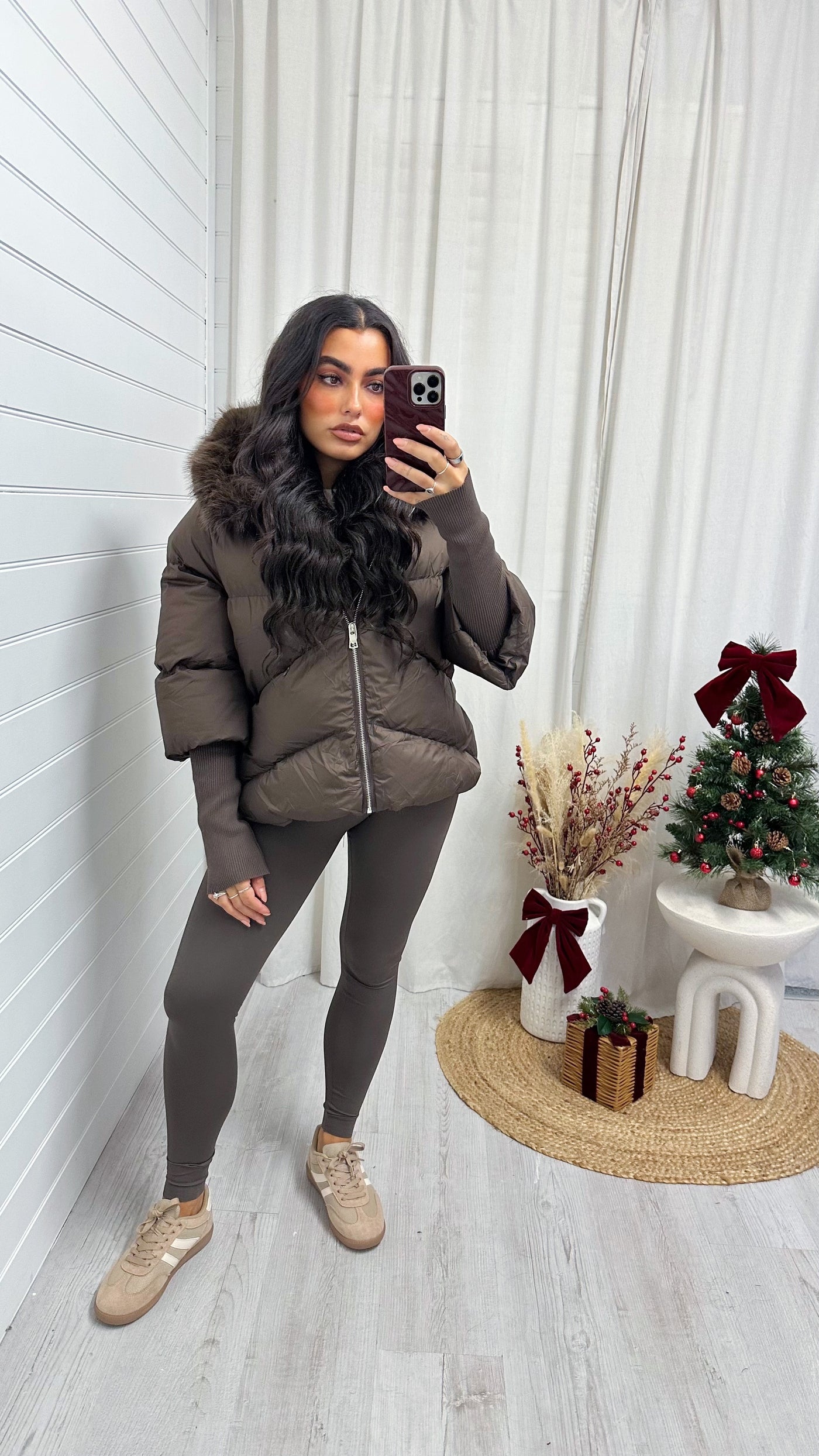 Fur Trim Hooded Puffer Coat - BROWN