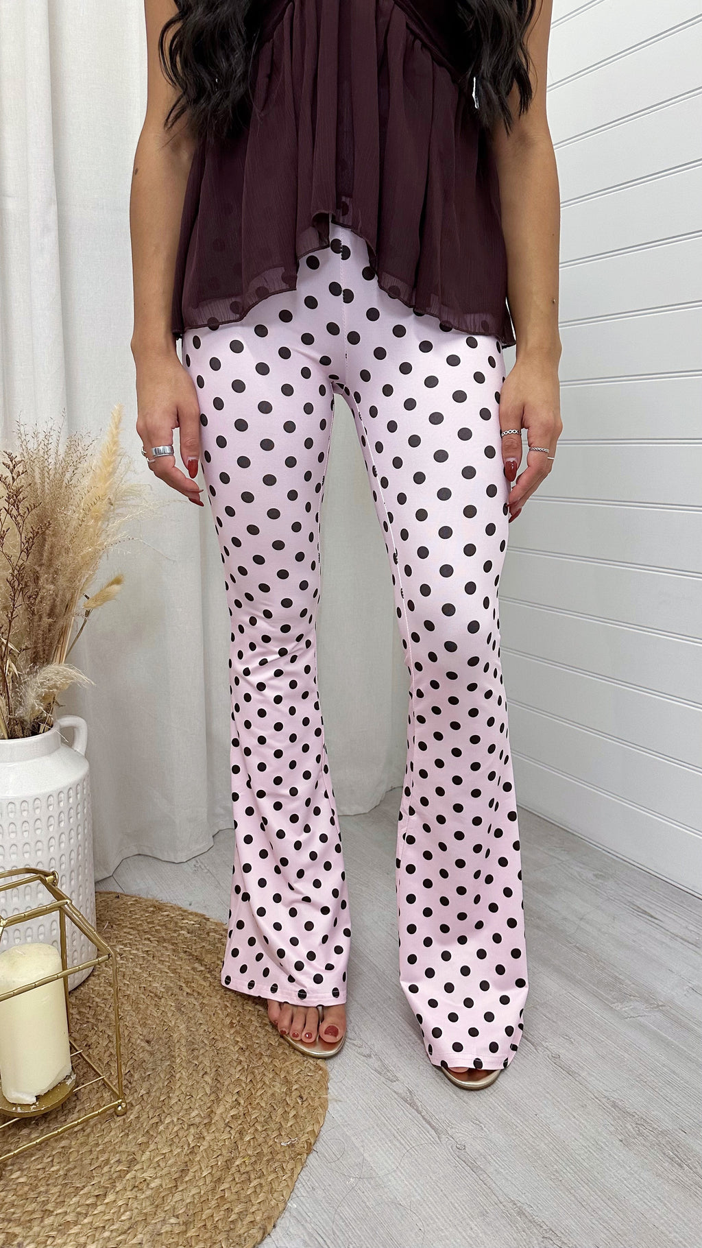 High Waisted Polka Dot Stretchy Flares - PINK/BROWN