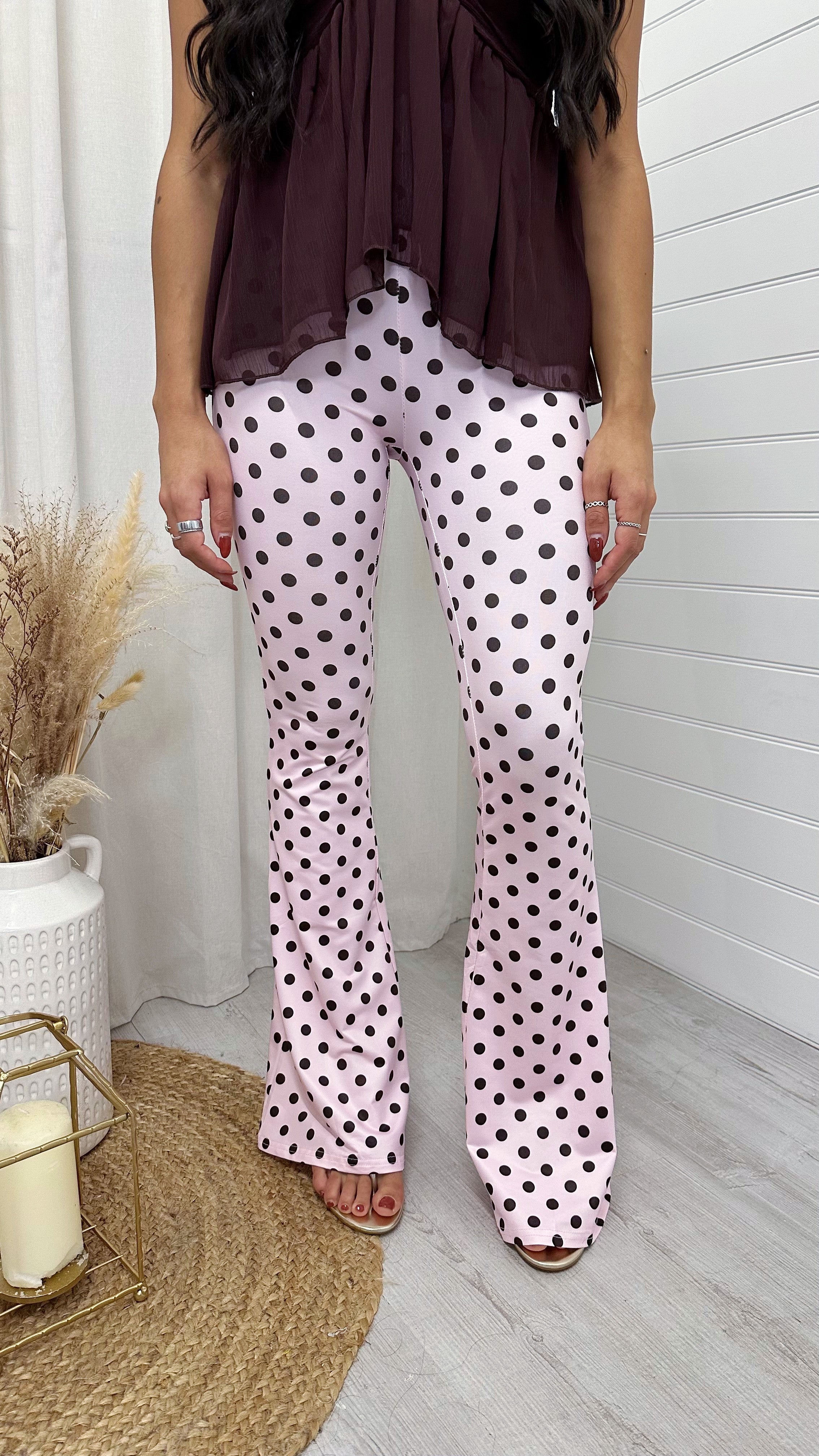 High Waisted Polka Dot Stretchy Flares - PINK/BROWN