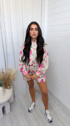 Floral Print Bomber Jacket and Shorts Co-Ord - PINK
