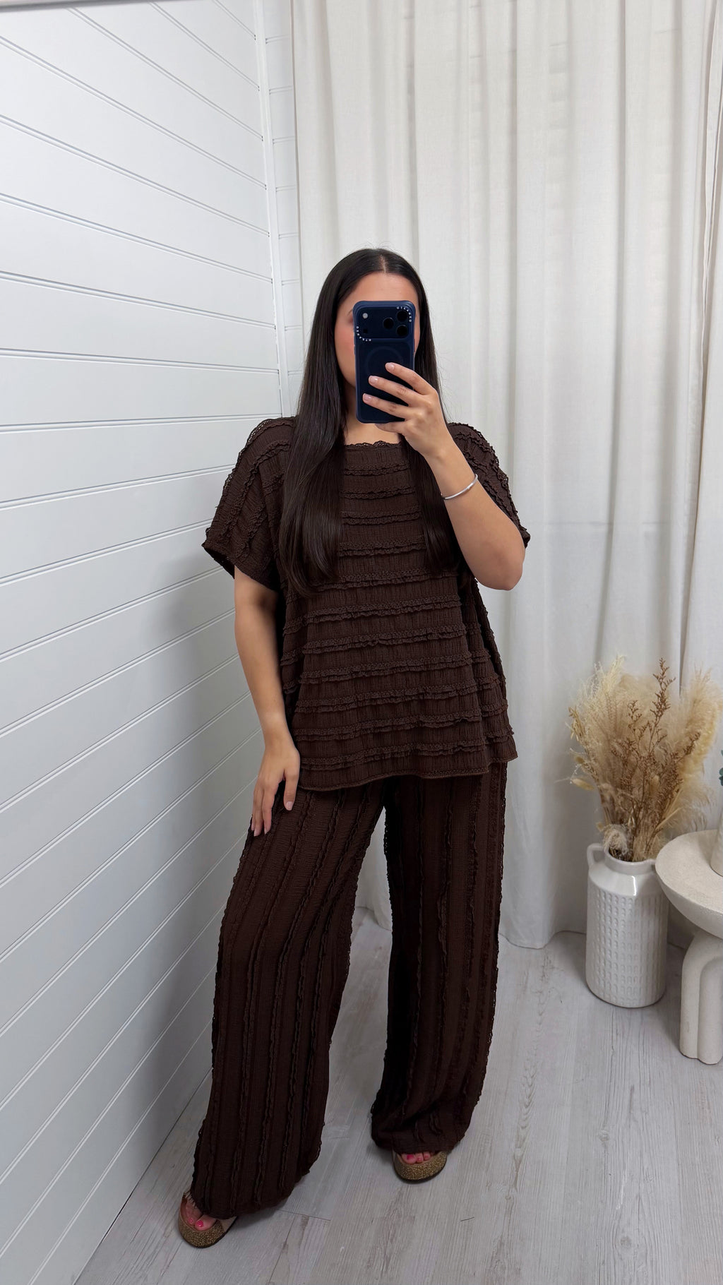 Frill Tiered T-Shirt and Wide Leg Trousers Co-Ord - BROWN