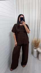 Frill Tiered T-Shirt and Wide Leg Trousers Co-Ord - BROWN