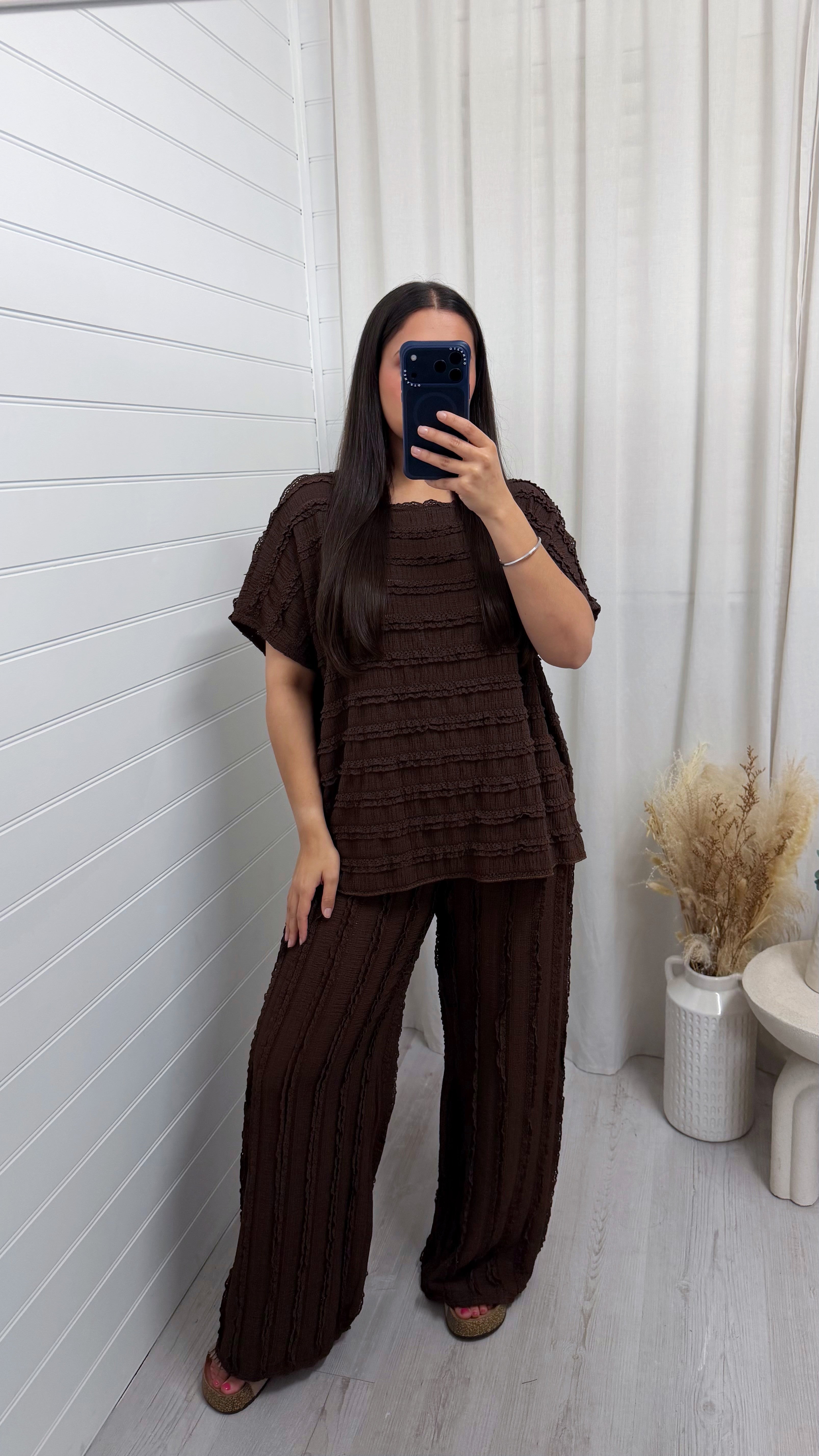 Frill Tiered T-Shirt and Wide Leg Trousers Co-Ord - BROWN