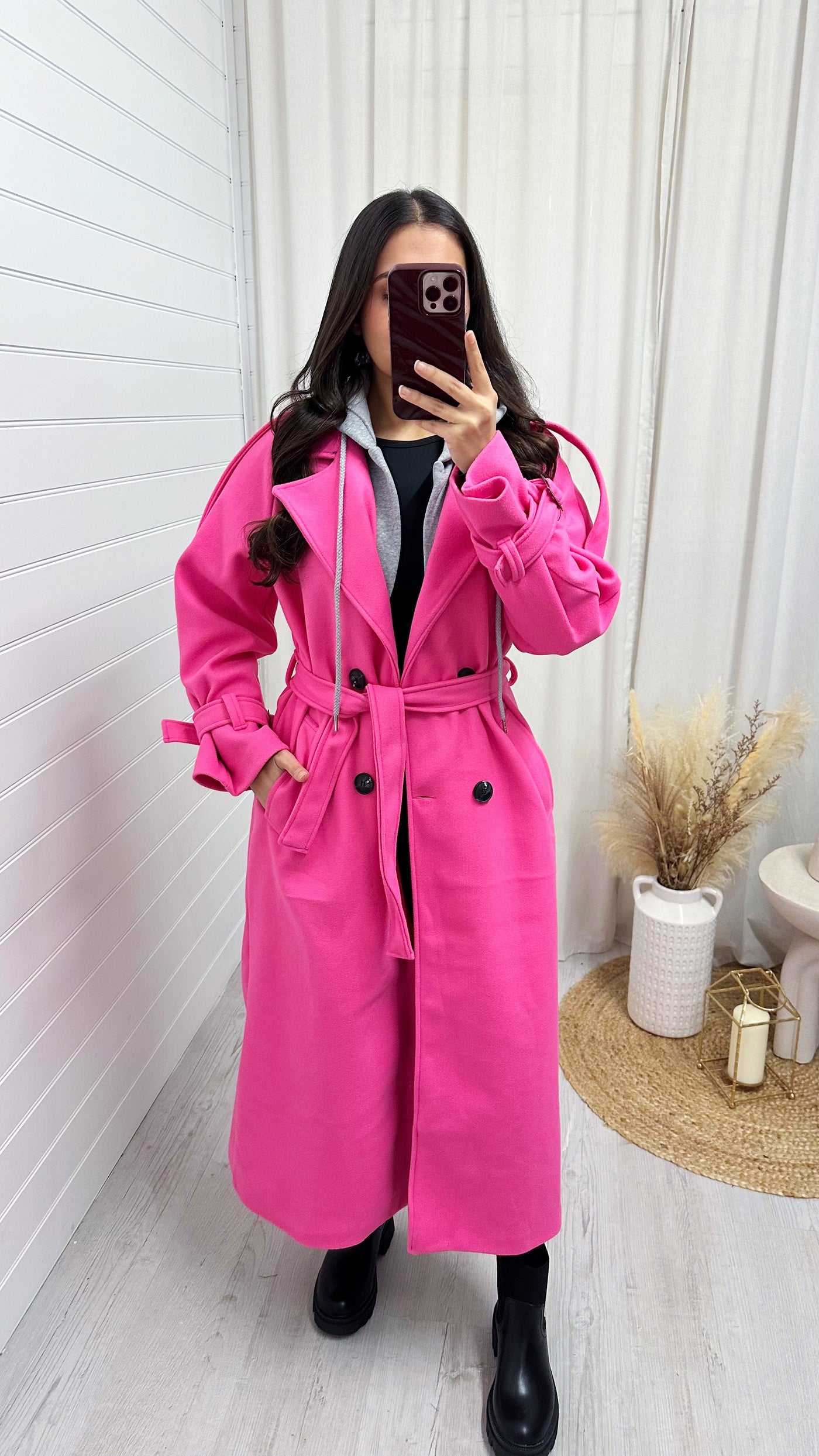 Belted Straight Fit Woollen Insert Mac - PINK