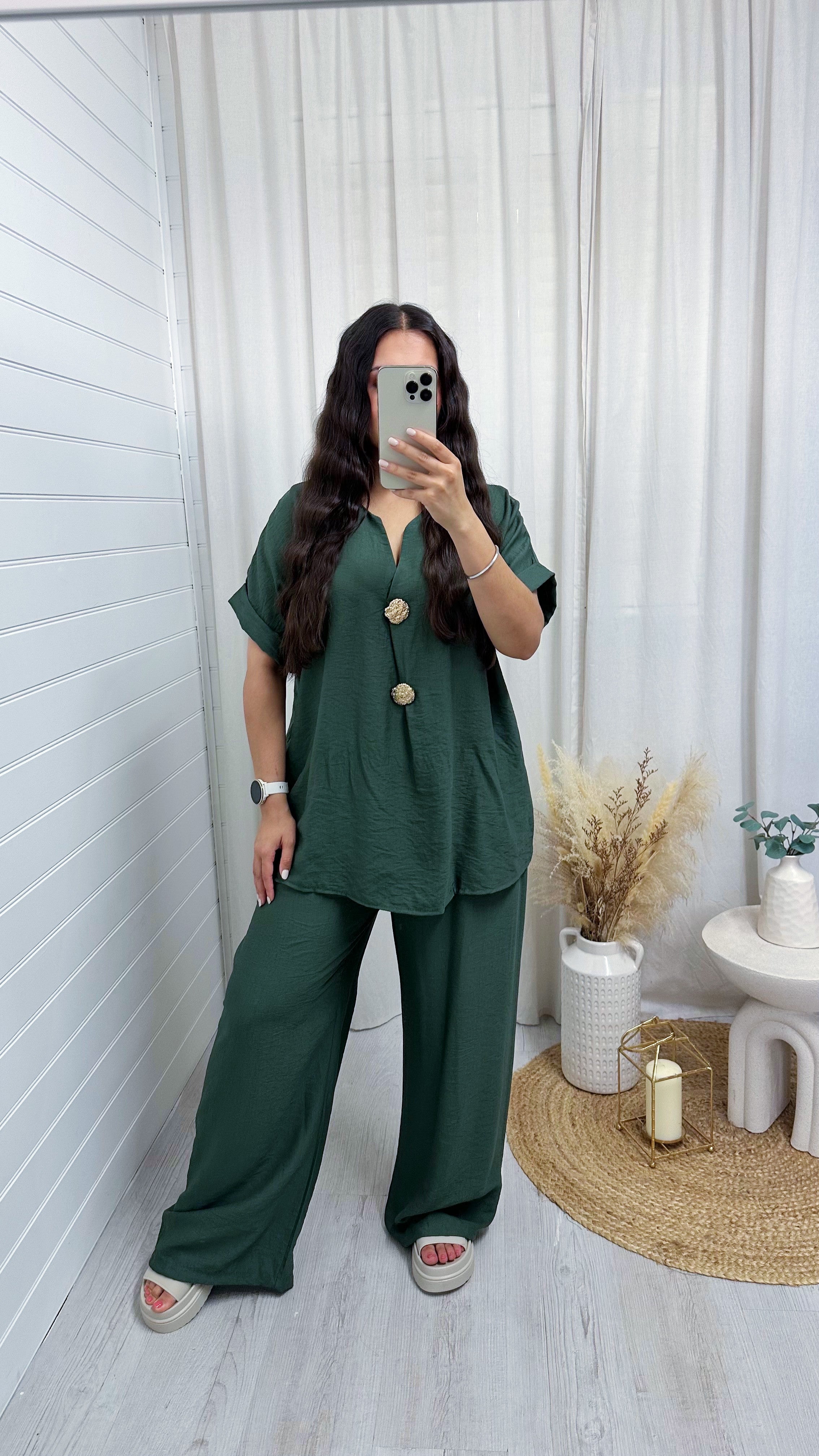 Gold Button V Neck Top and Wide Leg Trousers Co-Ord - DARK KHAKI