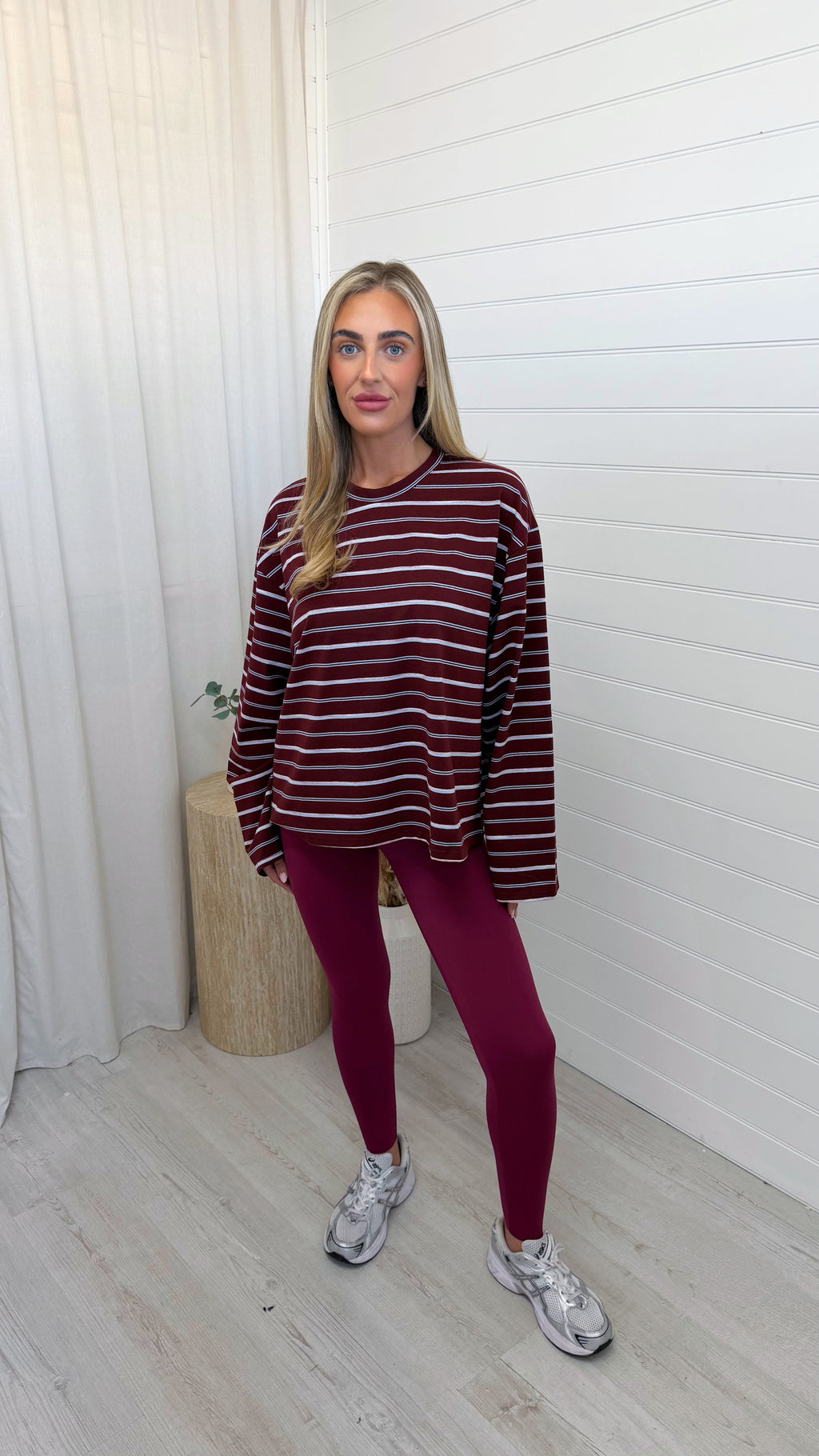 Relaxed Long Sleeve Stripe T-Shirt - BURGUNDY/PINK