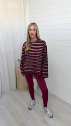 Relaxed Long Sleeve Stripe T-Shirt - BURGUNDY/PINK