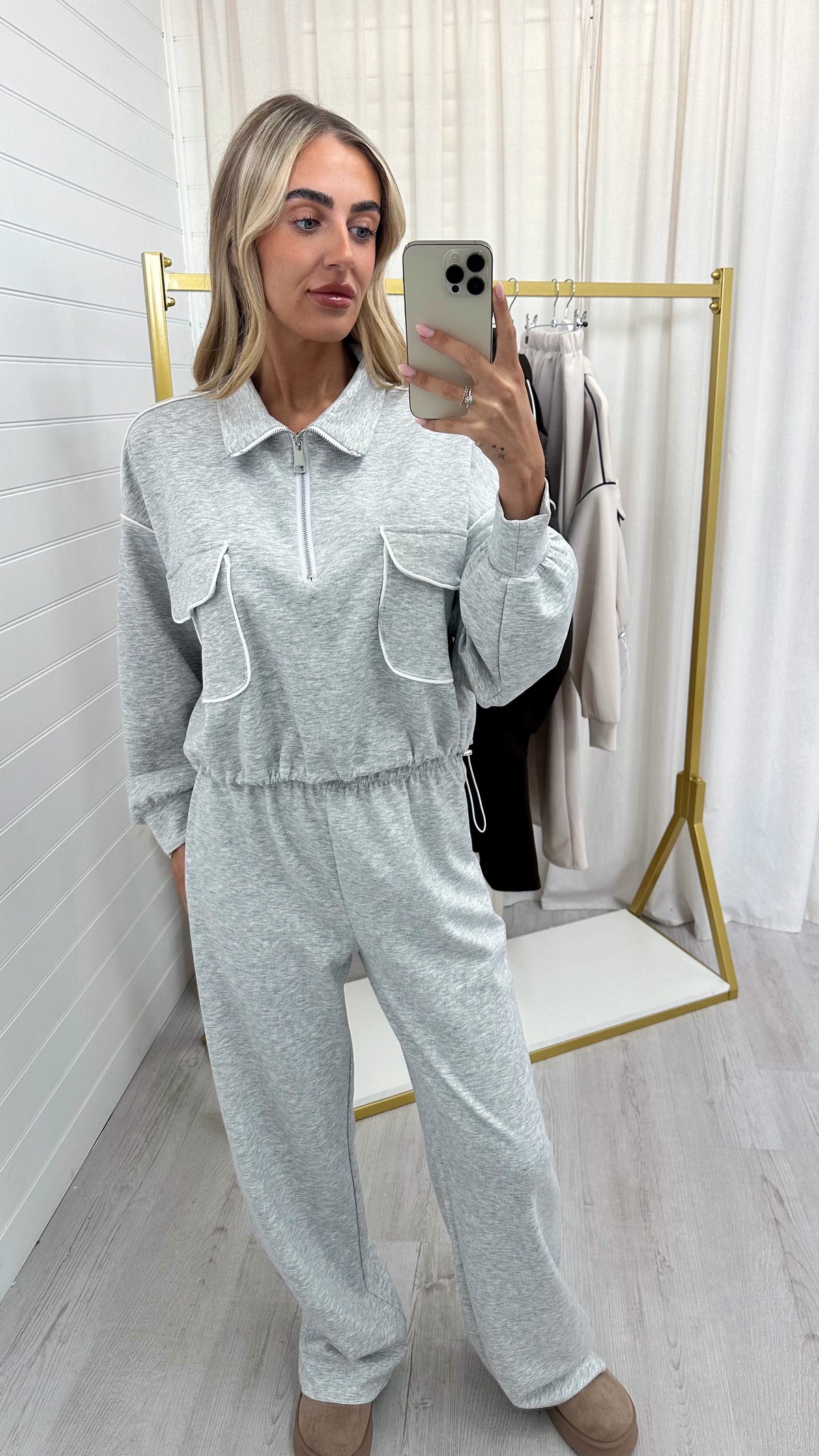 Contrast Piped Quarter Zip Sweatshirt and Joggers Co-Ord - GREY