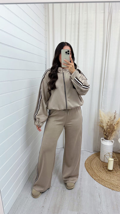 Side Stripe Bomber Jacket and Wide Leg Joggers Co-Ord - MOCHA