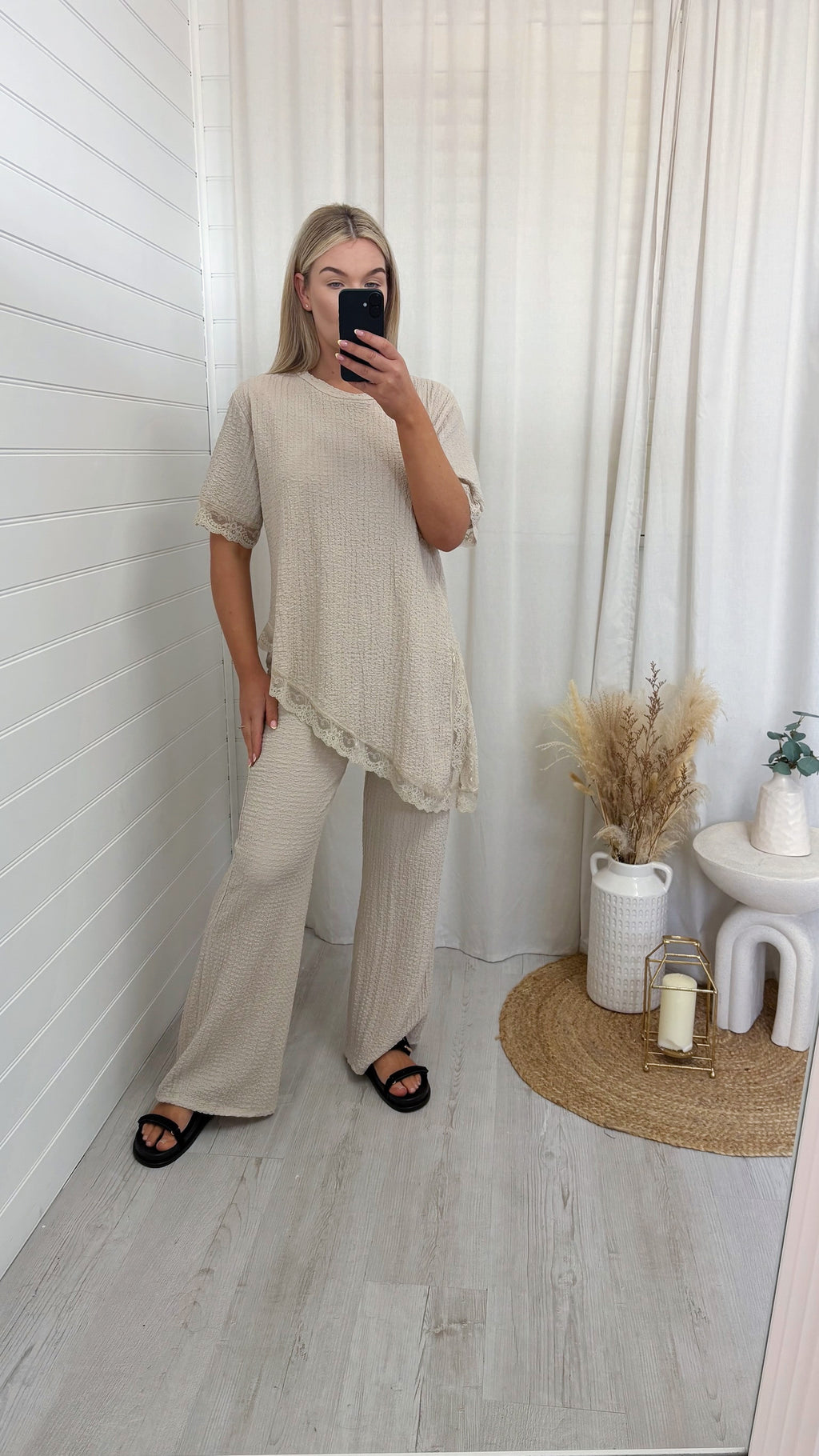 Lace Hem Asymmetric Co-Ord - BEIGE