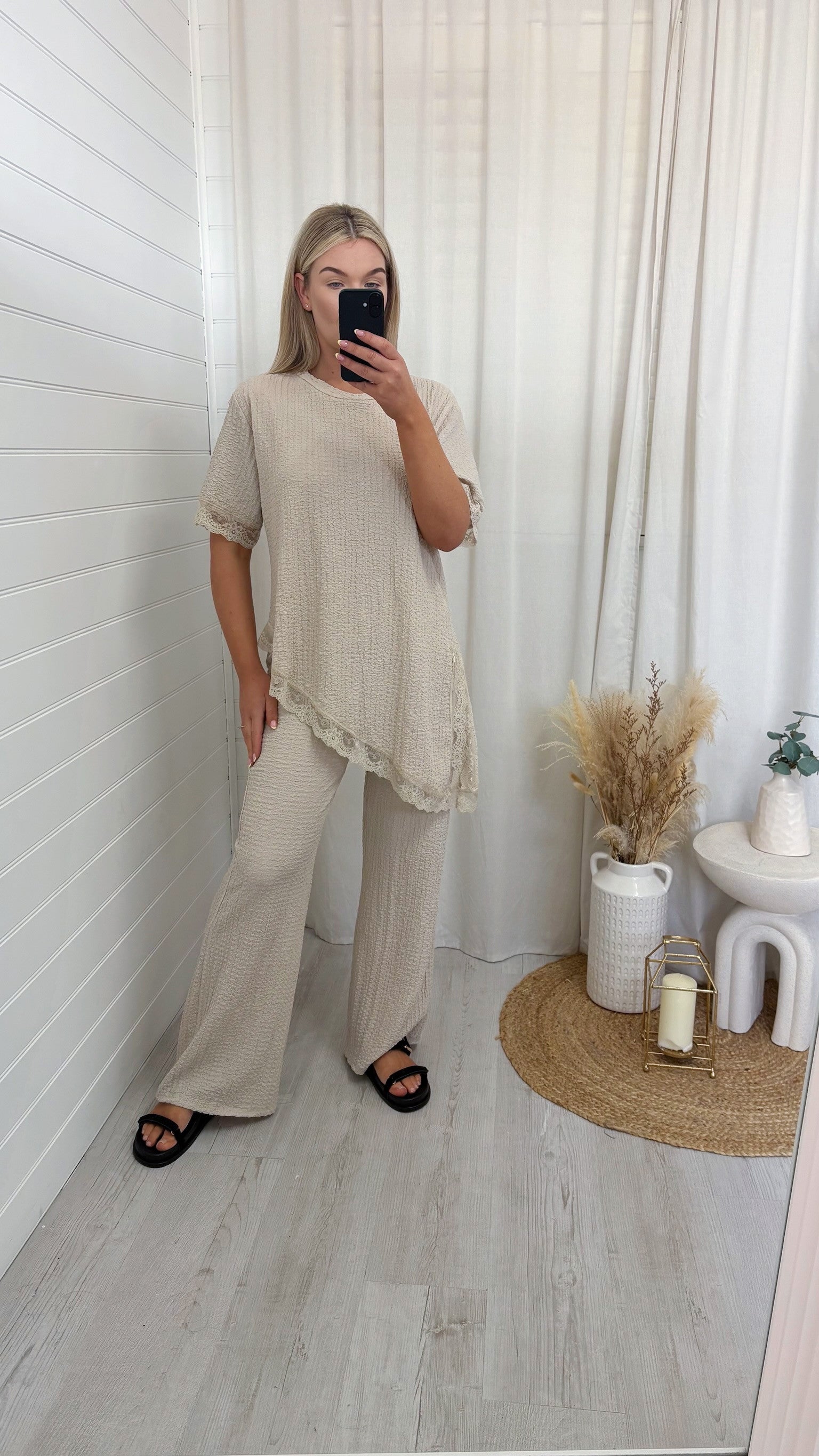 Lace Hem Asymmetric Co-Ord - BEIGE