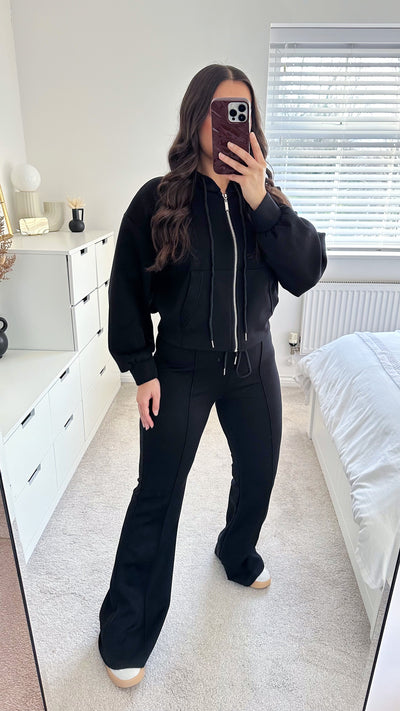 Crop Jacket and Flare Joggers Tracksuit - BLACK