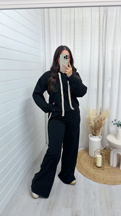 Rope Lace Hoodie and Wide Leg Joggers Co-Ord - BLACK