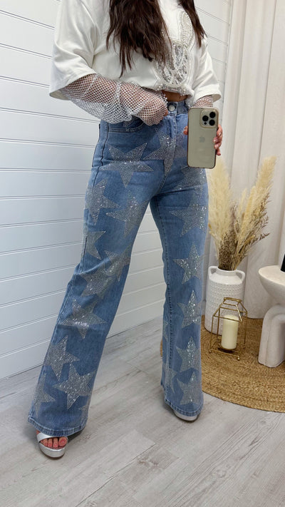 Silver Rhinestone Star Jeans - DENIM BLUE