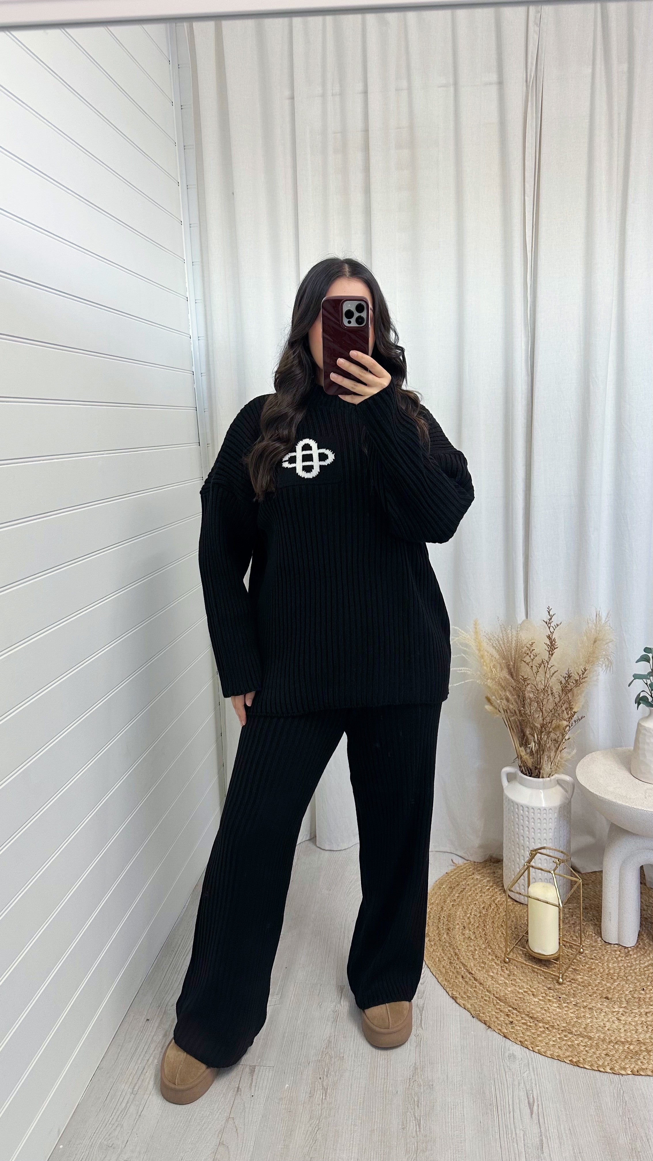 Chunky Ribbed Knit Logo Top and Trouser Co-Ord - BLACK