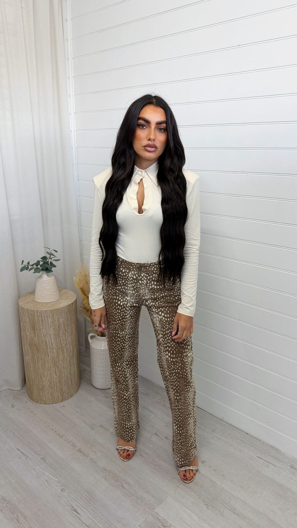 Deer Print Straight Leg Jeans - BEIGE