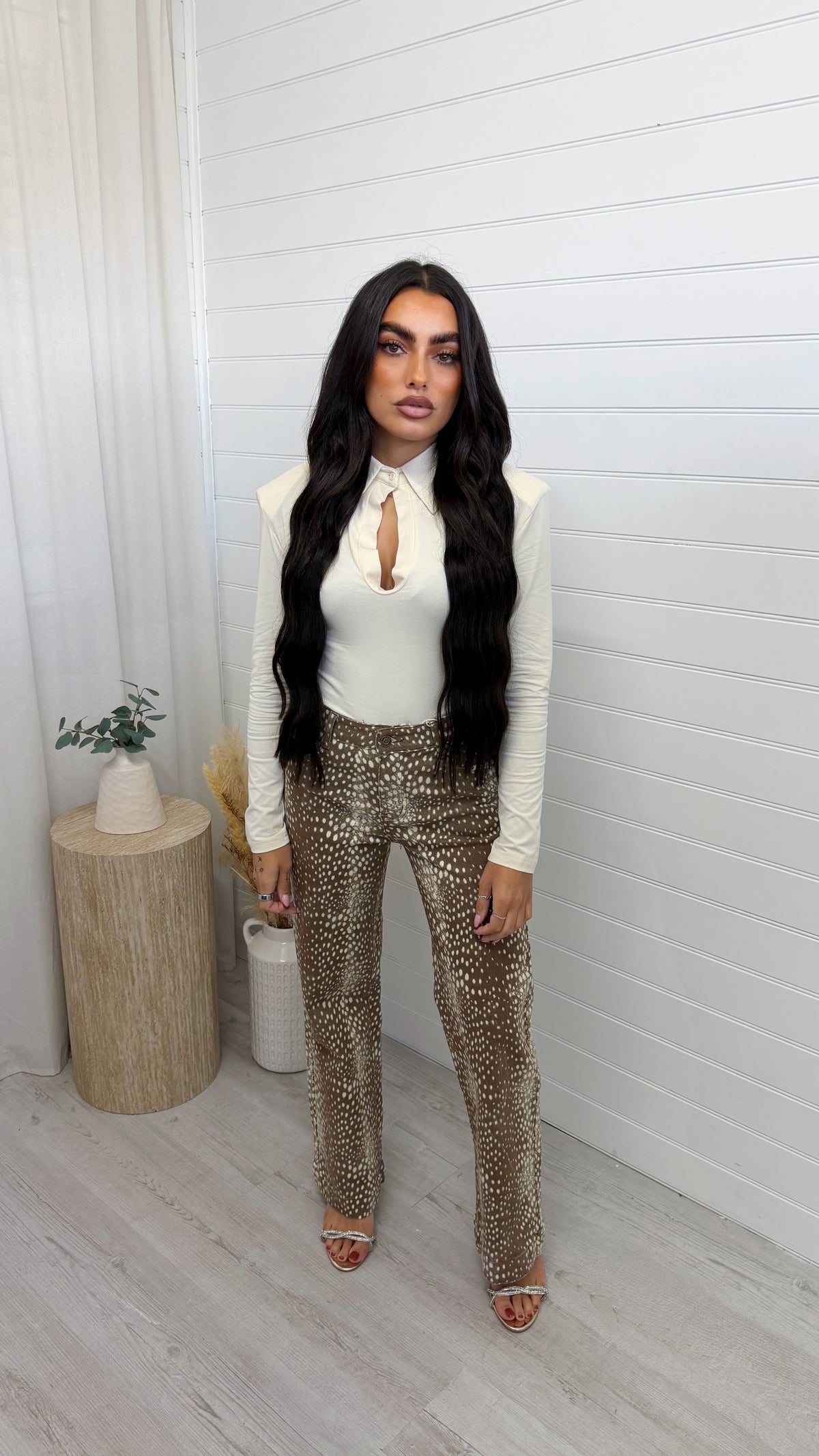 Deer Print Straight Leg Jeans - BEIGE