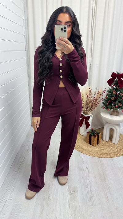 Gold Button Cardigan and Straight Trousers Co-Ord - BURGUNDY