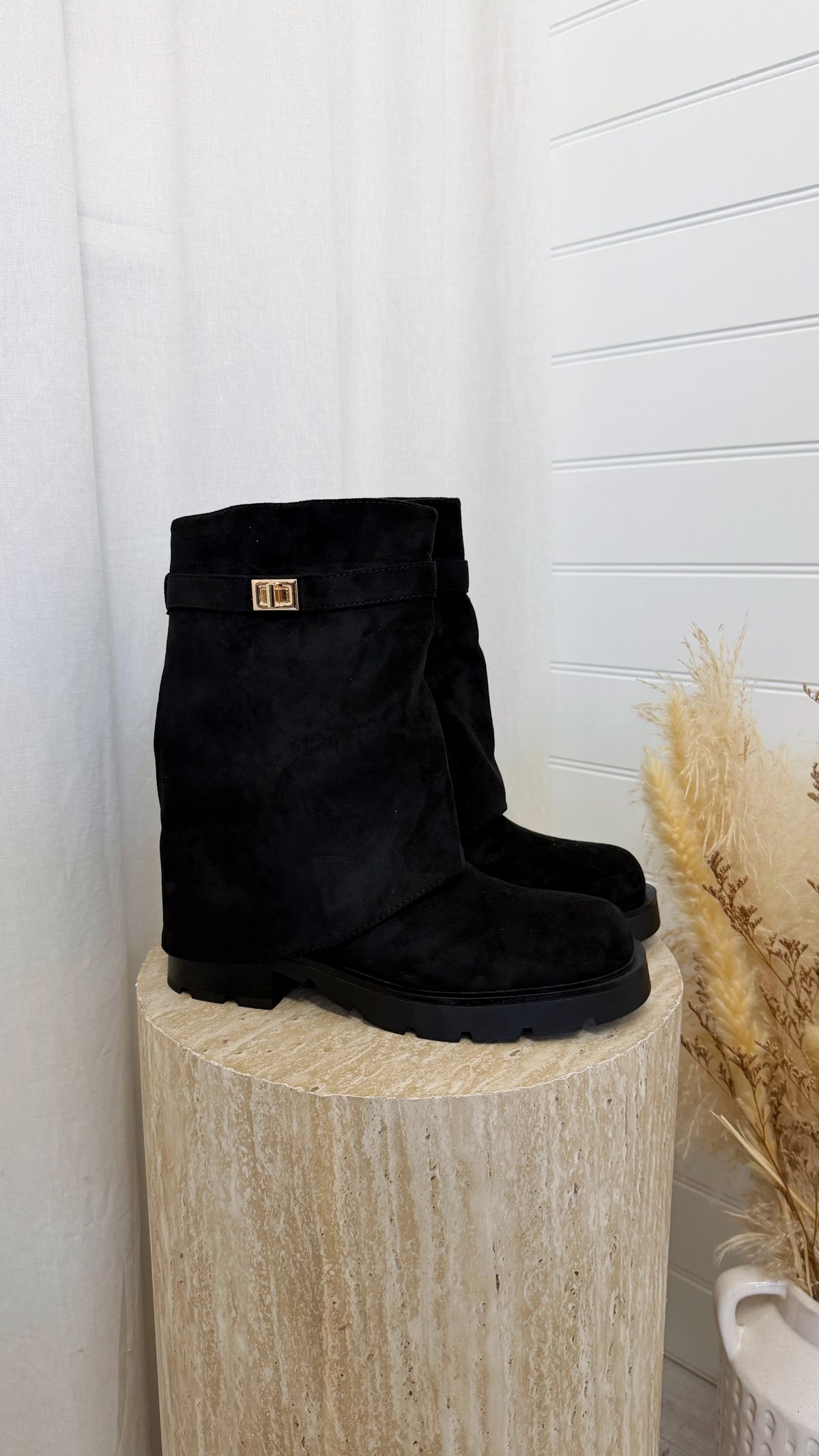 Gold Buckle Fold Over Boots - BLACK