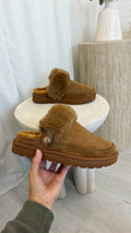 Faux Fur Strap Mule - CHESTNUT