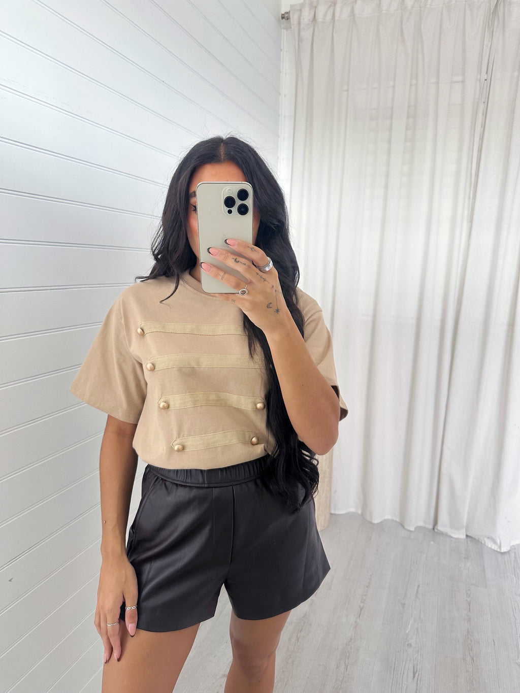 Button Front T-Shirt - BEIGE