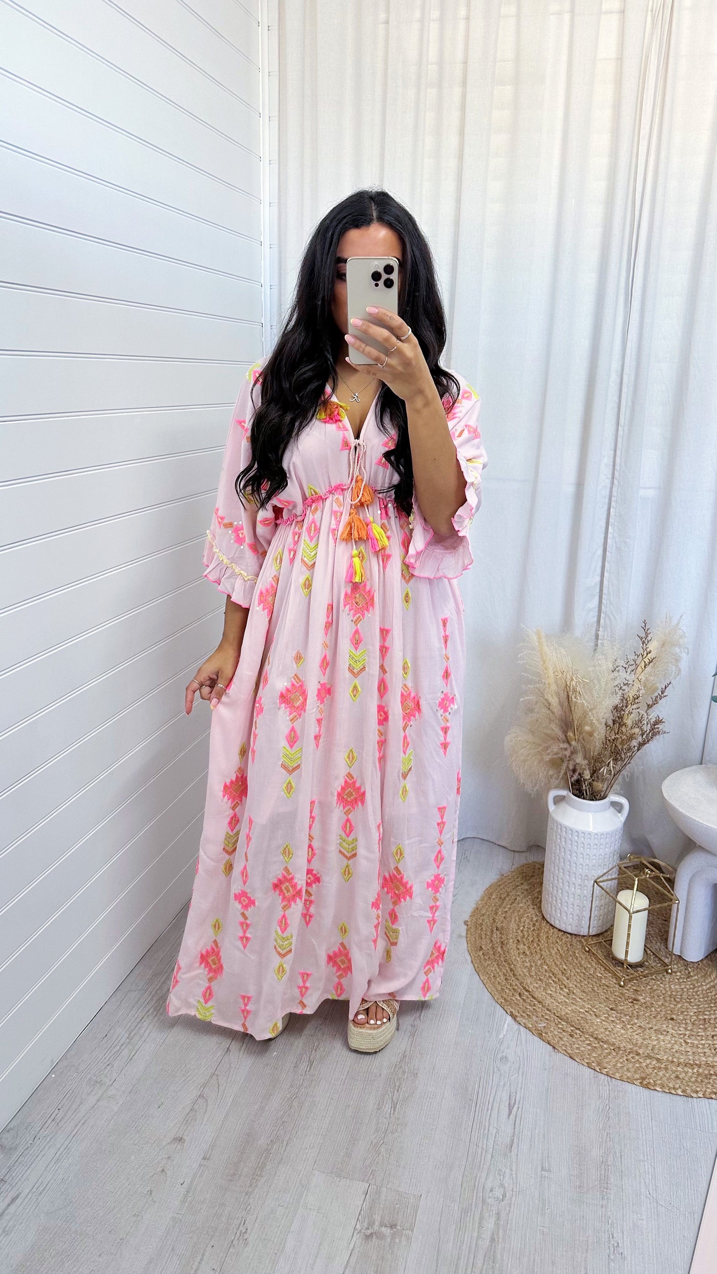 Aztec Beaded V Neck Maxi Dress - PINK
