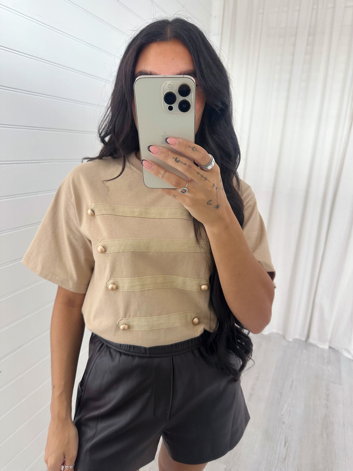 Button Front T-Shirt - BEIGE