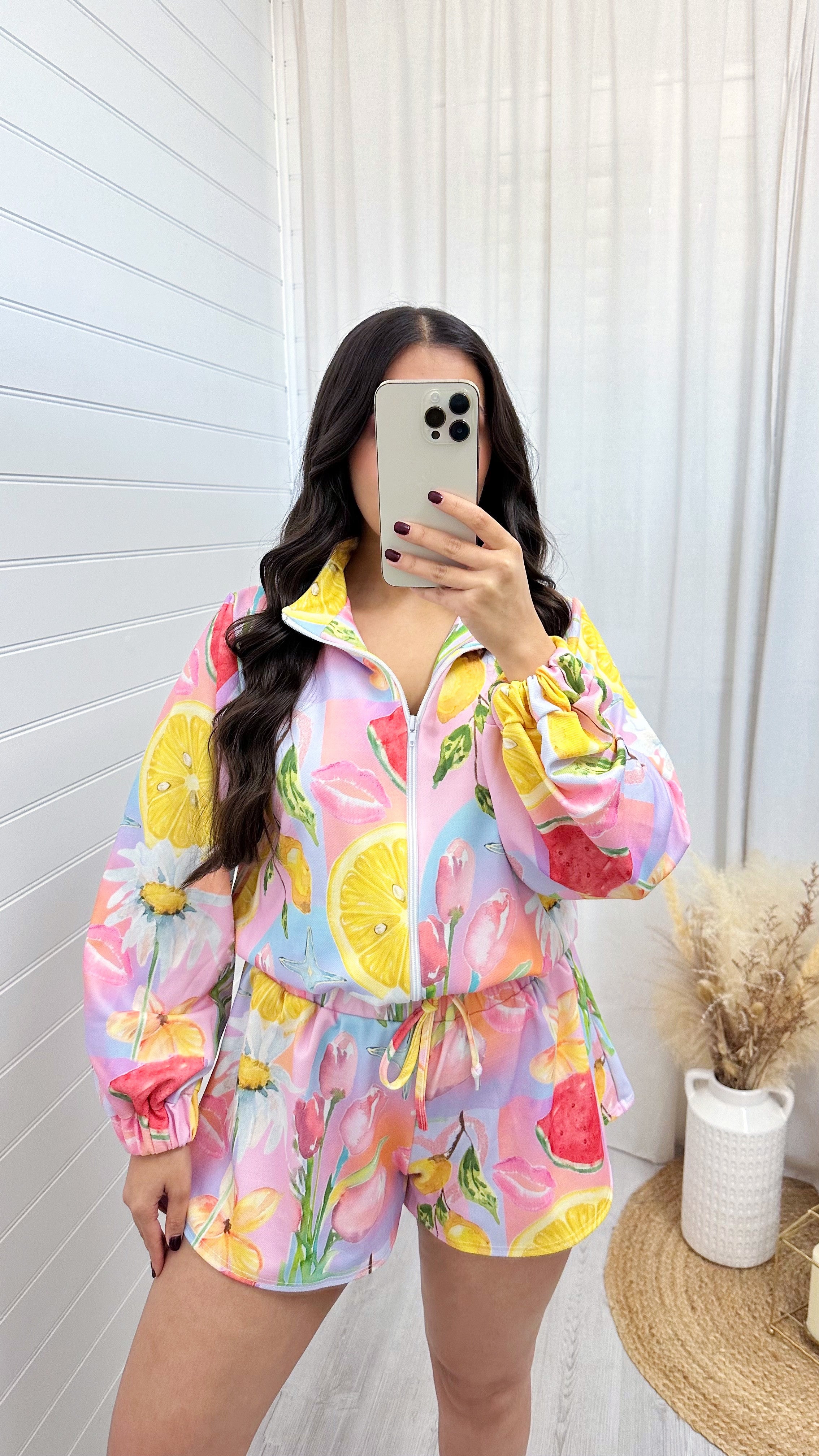 Fruit Print Bomber Jacket and Runner Shorts Co-Ord - PINK