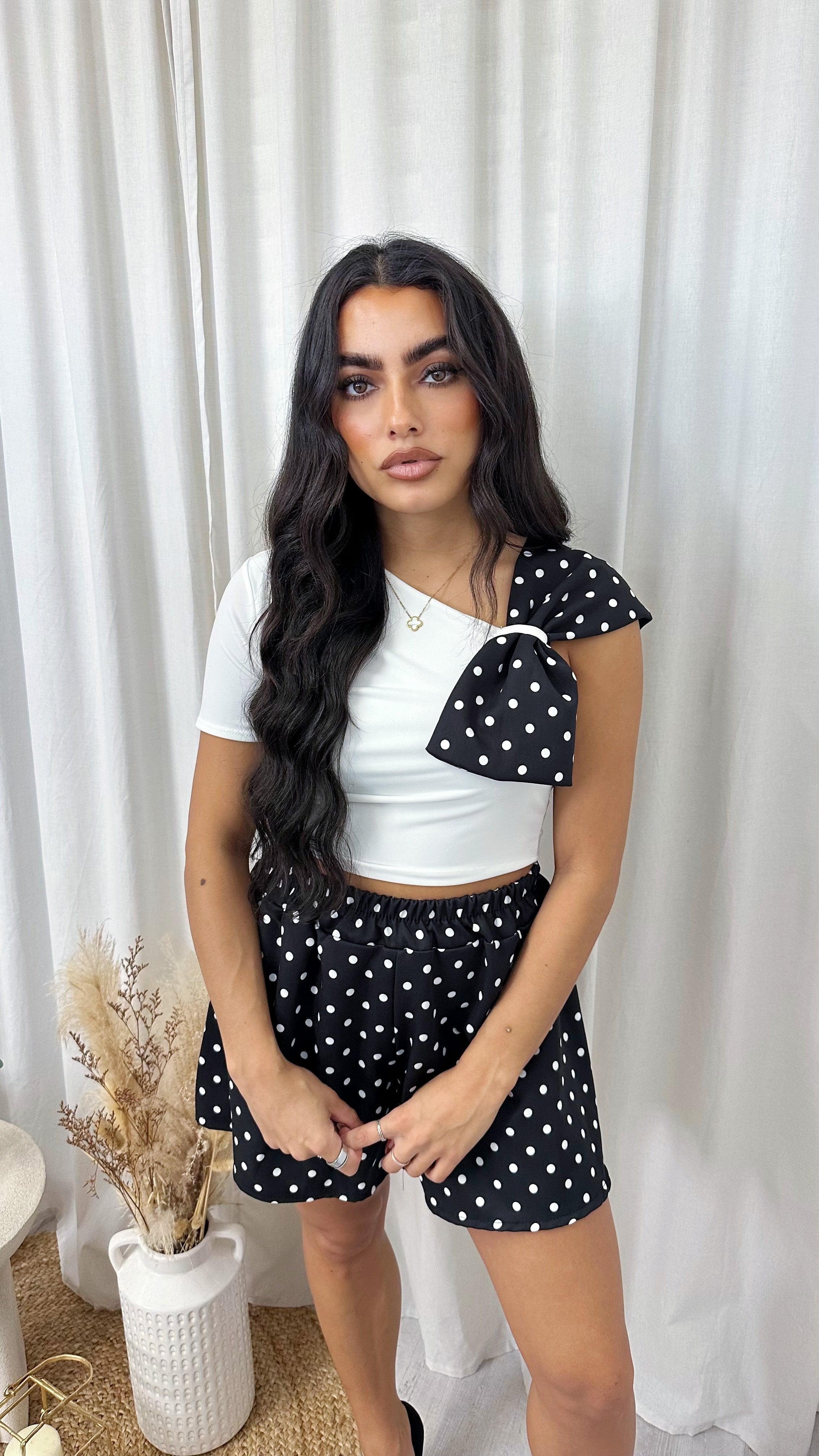 Bow Shoulder Polka Dot Top and Shorts Co-Ord - WHITE