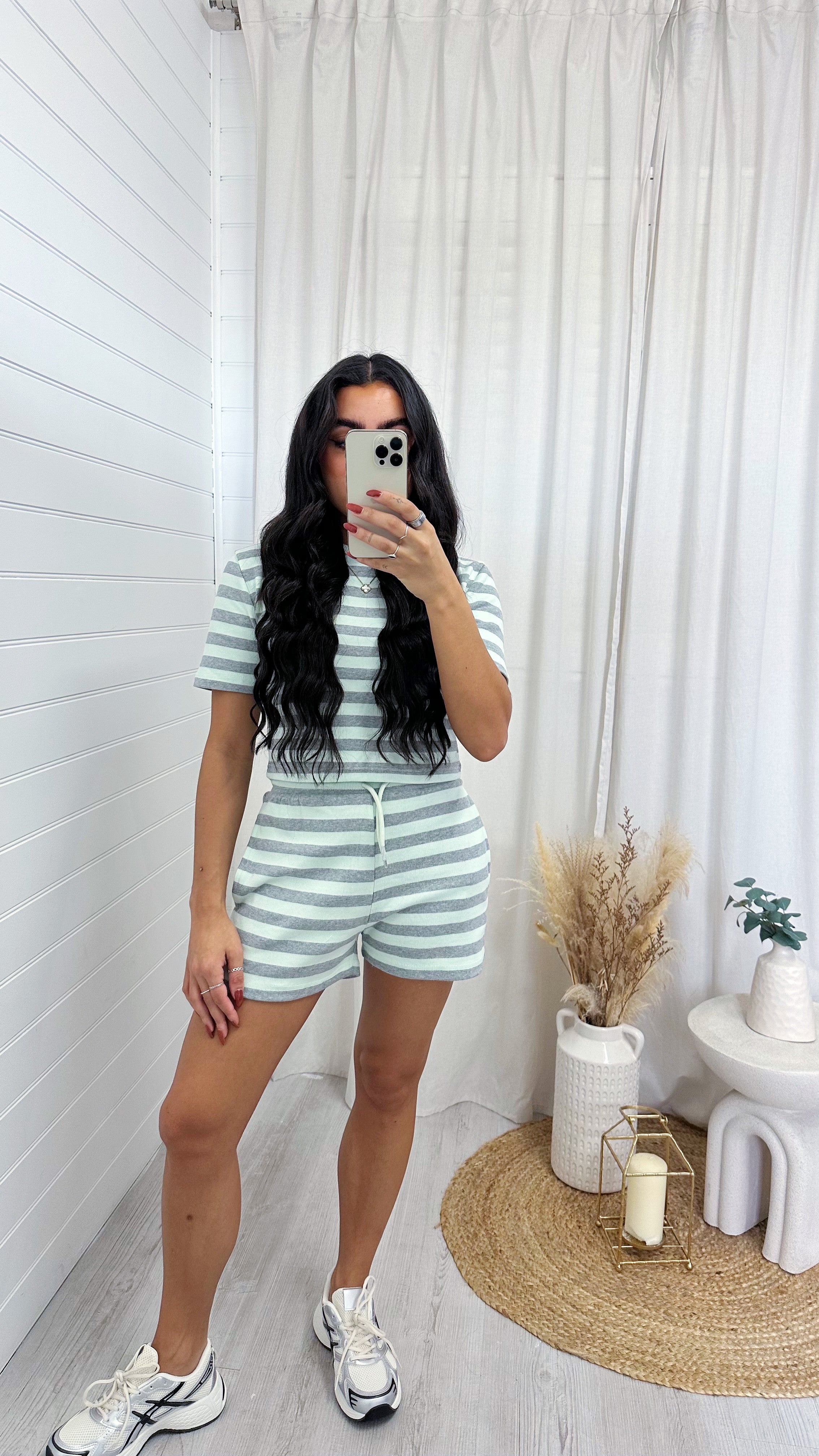 Stripey Rib T-Shirt and Shorts Co-Ord - AQUA